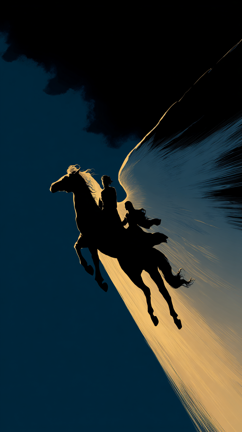 A rider climbing into the sky on a winged Pegasus, backlit in gold