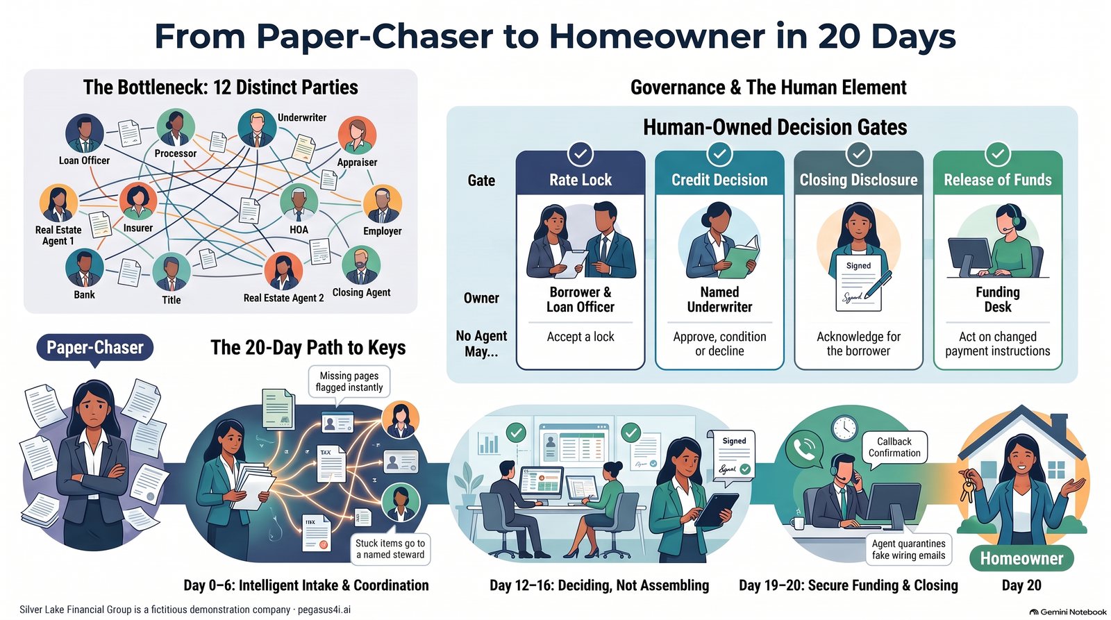 Infographic: From Paper-Chaser to Homeowner in 20 Days. Twelve parties who don't share a system; four human-owned decision gates (rate lock, credit decision, Closing Disclosure, release of funds) with what no agent may do at each; and Maya's 20-day path from intake to keys, including a funding-desk callback that catches a fake wiring email.
